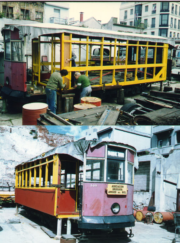 El coche 595 en reparacin por la Asociacin Uruguaya Amigos del Riel - Fotos:  M. Benoit